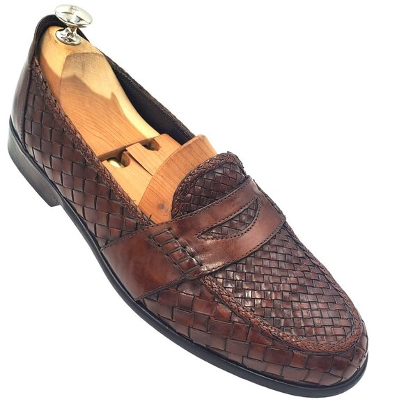 Italy Bragano Cole Haan Men's size 8.5 Brown Woven Leather Loafer Dress Shoes - Picture 1 of 12